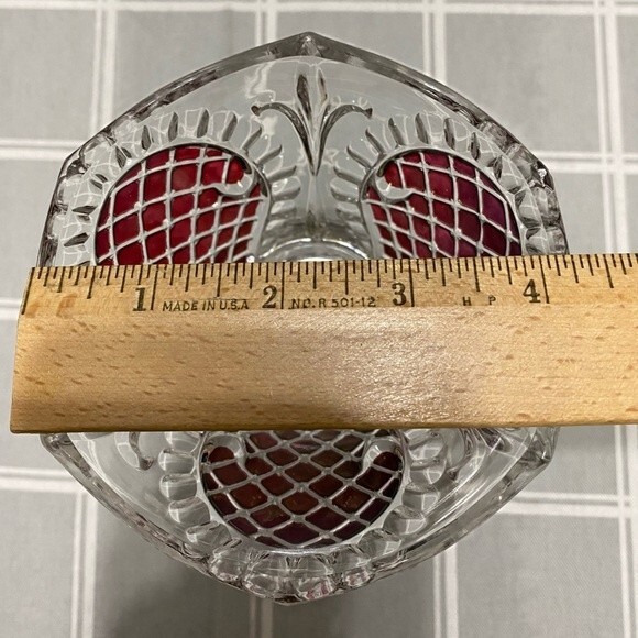 Vtg Ruby Red Glass Pedestal Bowl Diamond Point Teardrop 3 Sided Dish Unique - Picture 5 of 8